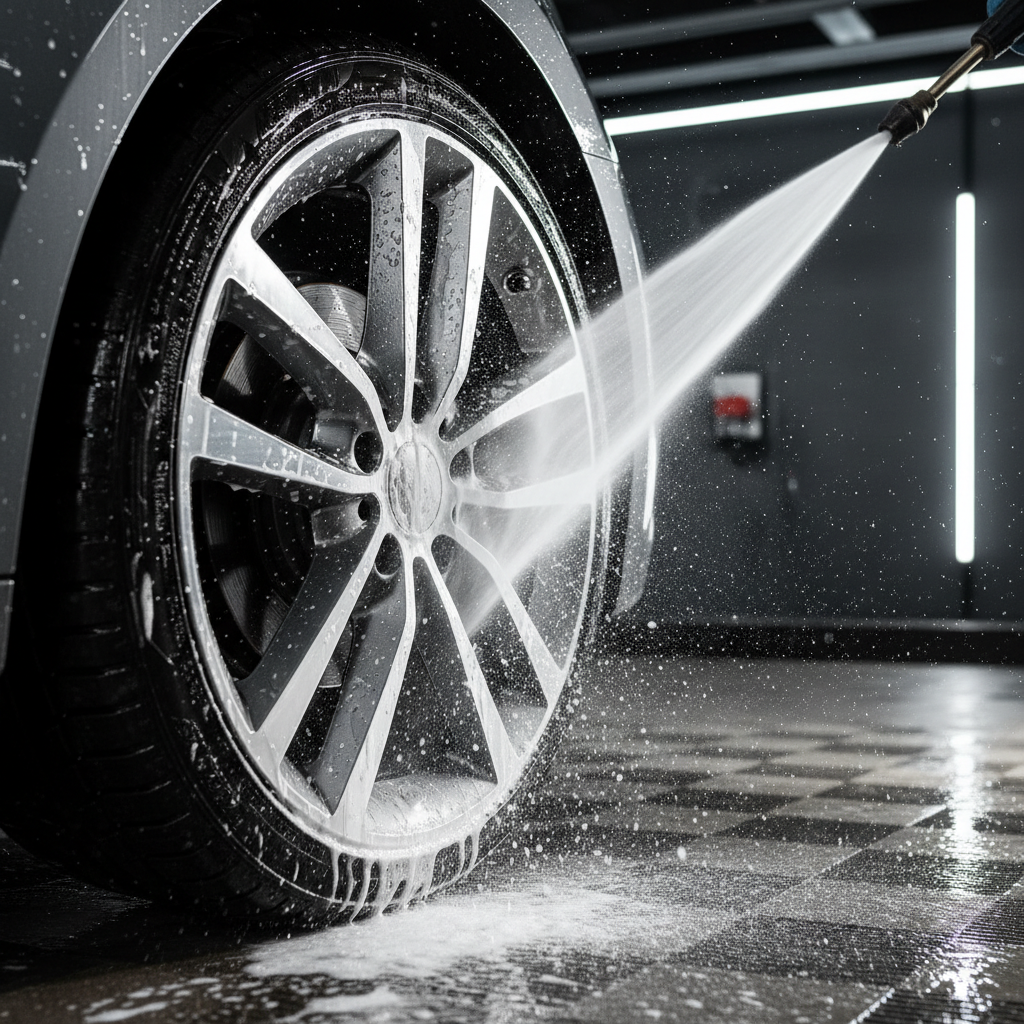 강력한 고압수로 휠에 묻은 두꺼운 세정제 거품을 씻어내며 광택이 살아나는 순간을 포착한 역동적이고 선명한 사진