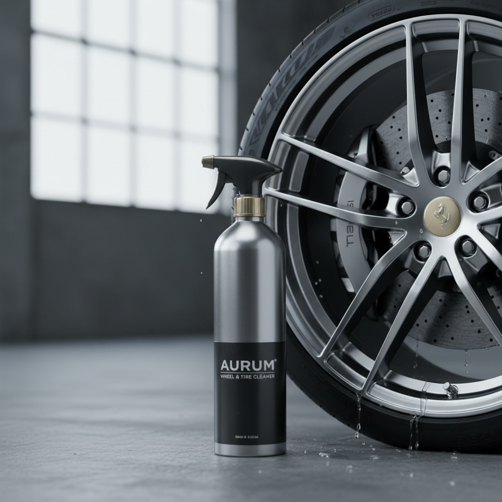 세련된 디자인의 휠 세정제 스프레이 보틀이 깨끗하게 닦인 스포츠카 휠 옆에 배치된 감각적인 제품 연출 사진