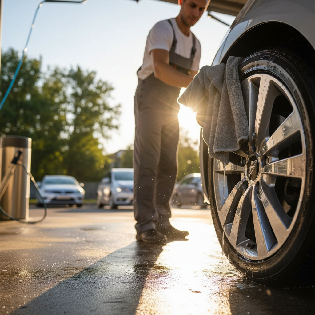 햇살이 비치는 야외 세차장에서 극세사 타월로 휠의 물기를 닦아내며 크롬 광택이 반사되는 찰나를 담은 따뜻한 느낌의 사진